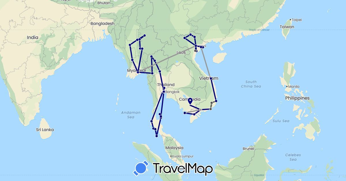TravelMap itinerary: driving, plane, motorbike in Cambodia, Myanmar (Burma), Thailand, Vietnam (Asia)